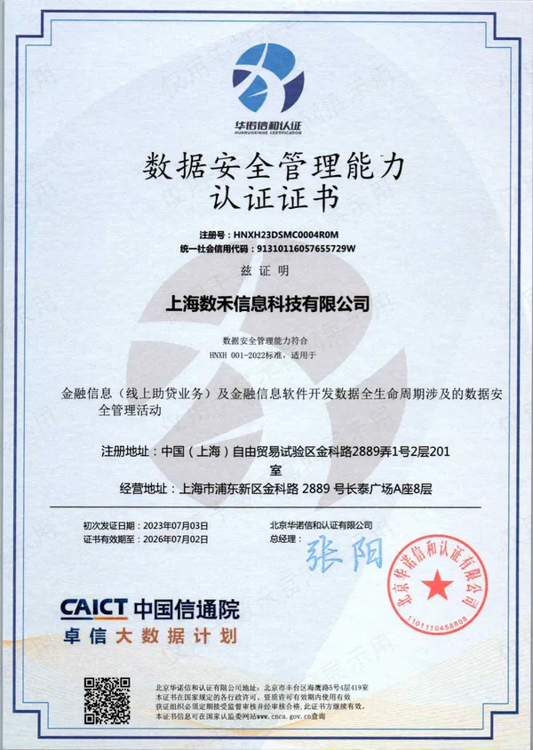数禾科技数据安全管理能力认证(DSMC)证书
